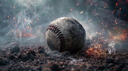 Obraz na płótnie Canvas Baseball ball in the smoke on the field, ai generative