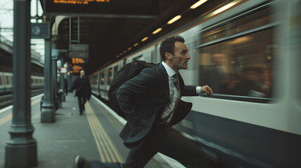 A businessman sprinting to catch a train his face a picture of focus and determination.