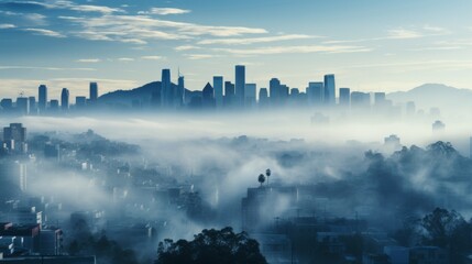 A foggy morning seen from a high vantage point, the tops of buildings peeking through a blanket of f