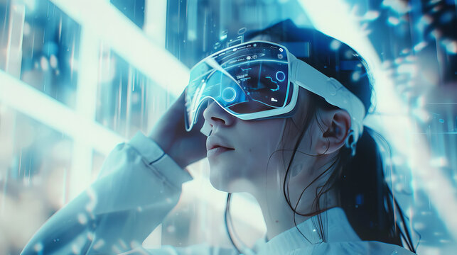 woman with augmented reality headset, holographic interface surroundings