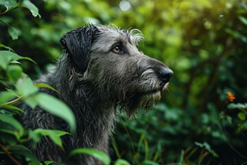 Irish Wolfhound Dog in Greenery photography texture. Portrait of Irish Wolfhound Dog in nature.
