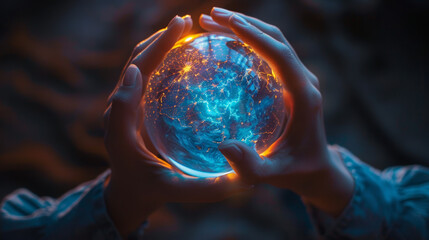 hands holding illuminated globe