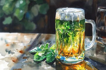 Green Pint of Frothy Beer Illustration. Irish Frothy Beer. Ireland beer Illustration