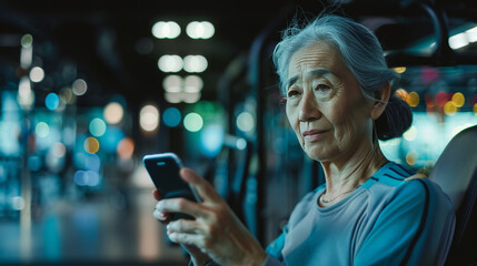 senior woman with phone, gym setting,