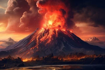Fototapeten A majestic volcano spewing lava, dark plumes rising against a fiery sky. Generative AI. © Olga Khoroshunova
