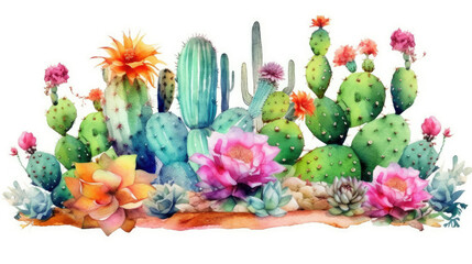 Watercolor Painting of Cactus and Succulents