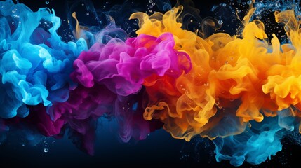 Colorful paint, water, or smoke splash on dark background, creating a vibrant abstract pattern