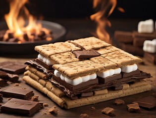 Marshmallow being toasted over an open flame and sandwiched between graham crackers