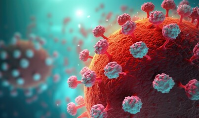 Corona virus covid theme, microscopic view of floating virus cells. Covid banner, wallpaper - obrazy, fototapety, plakaty