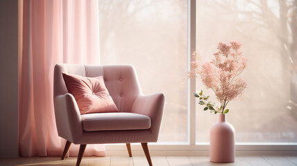 Warm and Inviting Living Space with a Blush Armchair and Vase in Soft Natural Light