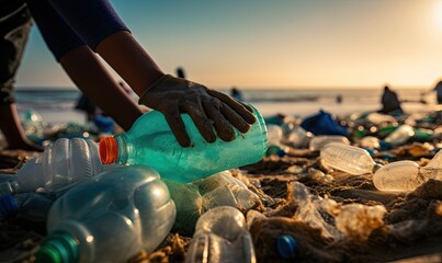 Close up of Collecting waste with hand from plastic bottles on the beach. Plastic pollution.