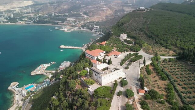Aerial and drone view of Monastery of Our Lady of Noorieh Monastery (Dar Al Nouriyeh) in North Lebanon