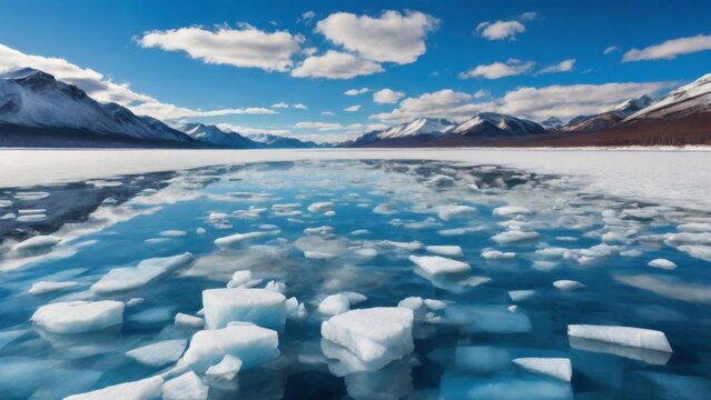 Textures of blue ice formations along the edge of a frozen lake - Powered by Adobe