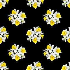Watercolour daffodils spring flowers decor illustration seamless pattern. On black background. Seasonal. Hand-painted. Botanical Floral elements. For interior print decoration, fabric, wrapping. 