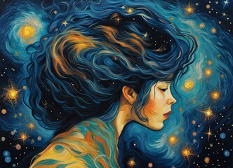 Woman with Dark, Swirling Hair that Blends into the Starry Night Sky, Inspired by Van Gogh, Generative AI