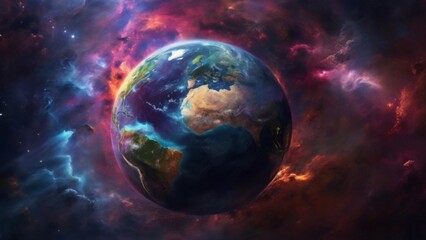 Obraz na płótnie Canvas Earth globe surrounded by a vibrant nebula, with streaks of colorful gas