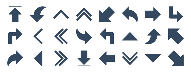 set of 24 arrow web icons in glyph style such as upward arrow, turn left, fast forward, down arrows, down right arrow, upward vector illustration. - obrazy, fototapety, plakaty