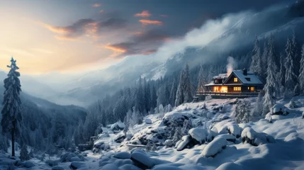 Foto op Canvas A lone cabin nestled in a snowy mountain forest, smoke rising from the chimney, peaceful and isolate © ProVector