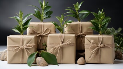 A series of eco-friendly gift boxes, made from recycled materials, arranged on a white isolated back
