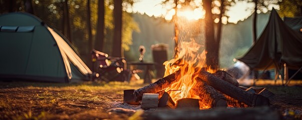 Close up photo of amazing fire pit near the tent in the forest. Camping theme.