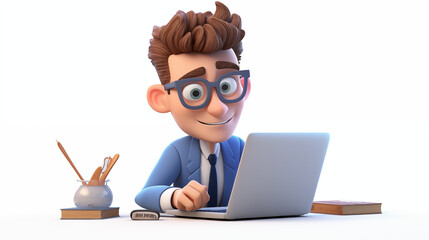 3D cartoon man with a blue suit, black necktie with a glass and laptop isolated in a white background