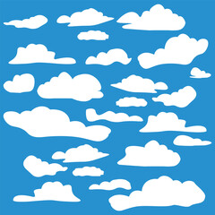 Fototapeta na wymiar Clouds are isolated on a blue background. Simple cute cartoon design. A collection of icons or logos. Realistic elements. Vector illustration of a flat style. Vector collection of bright clouds. 