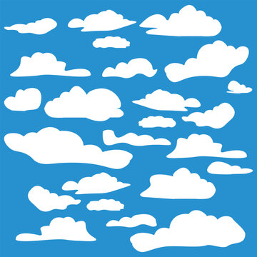 Clouds are isolated on a blue background. Simple cute cartoon design. A collection of icons or logos. Realistic elements. Vector illustration of a flat style. Vector collection of bright clouds.
