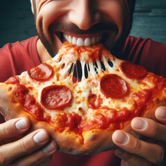 Junger Mann beißt herzhaft in eine heiße, scharfe Pizza - obrazy, fototapety, plakaty