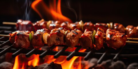 Stick of meat chicken pork bbq grilled kebab skewers  food barbecued with flame fire decoration scene - obrazy, fototapety, plakaty