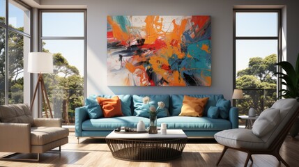 A modern abstract canvas painting, with bold strokes and vibrant hues, encased in a sleek frame, set