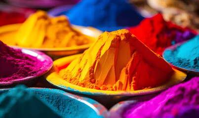 An image of the rainbow-symbolizing Holi multicolored gulal powders up close