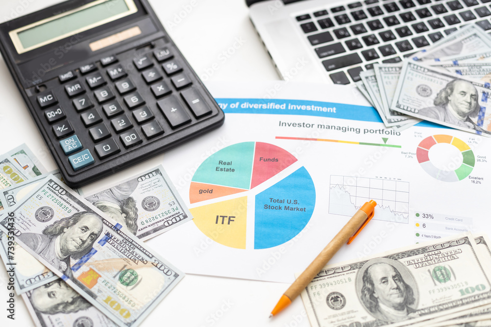 Poster investment planning and reporting concept. closed up of investment planning report containing colorf