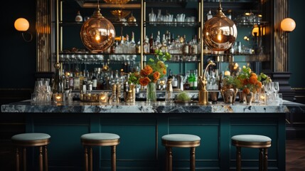 Fototapeta na wymiar A sophisticated city bar, elegant counter with premium spirits displayed, ambient lighting casting a