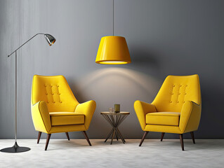 Living Room With Two Yellow Chairs and a Table