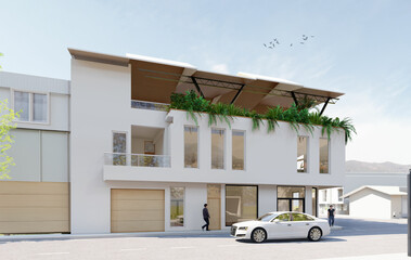 4-story multifamily building on a corner, minimalist architecture, ecology, sustainable architecture, sunset, architect, design, minimalism, isometry, plants, tropical, render