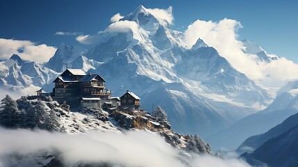 A remote mountain research facility, perched high above the clouds, surrounded by towering peaks, th - obrazy, fototapety, plakaty