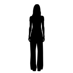Vector silhouette of a young attractive slender woman, standing, black color, isolated on a white background
