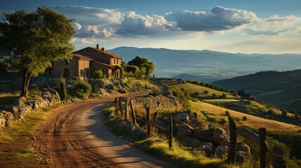 Fototapeta premium A hilltop overlooking a valley as the sun sets, the landscape a patchwork of colors and shadows, the