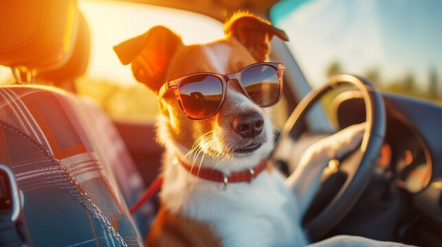 A Jack Russell Terrier dog wearing sunglasses sits at the wheel of a car. Dog is driving.