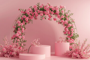 Fototapeta na wymiar Elegant floral scene with pink roses and abstract pink backdrop. AI generative.