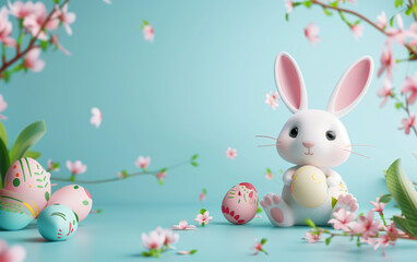 little easter rabbit with easter eggs and cherry blossom, easter illustration