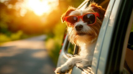 A happy Yorkshire Terrier dog with sunglasses looks out of the car window.