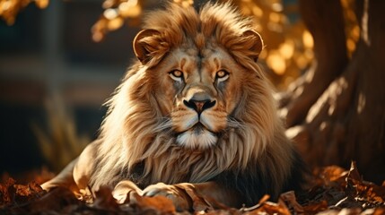 Fototapeta premium A majestic lion resting in a zoo habitat, focus on the lion and naturalistic enclosure, symbolizing