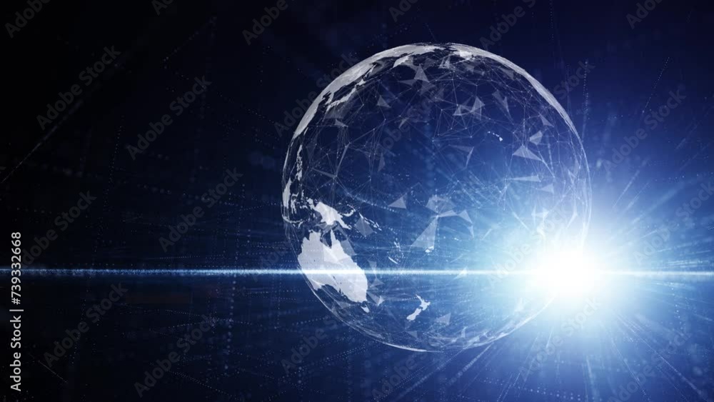 Poster loop digital earth globe rotation with shiny glowing light animation background.