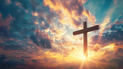 Fotobehang Wooden Cross of Christ Beneath Detailed Sky © M.Gierczyk