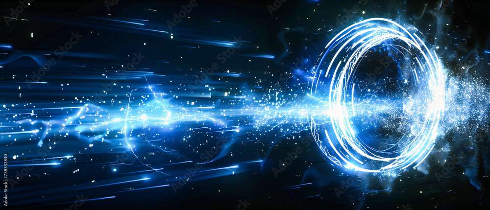 Poster cosmic journey through a neon galaxy, where abstract light and futuristic design open portals to oth
