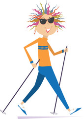 Cheerful woman doing Nordic walk. 
Woman in orange long sleeve and blue pants doing Nordic walk outdoors. Isolated on white background
