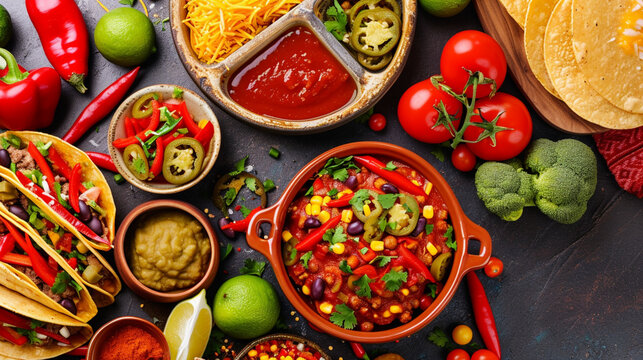 Mexican food mix copy space frame. Generative Ai