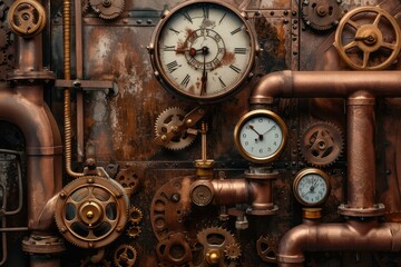 Fototapeta na wymiar A steampunk style with gears pipes and clocks.