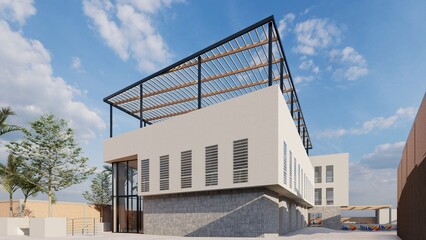 Communal premises in Lima Peru, minimalist architecture, potential architecture, design, render, isometry, axonometry, context architecture, urban, tropical in Lima, la molina, architectural project u